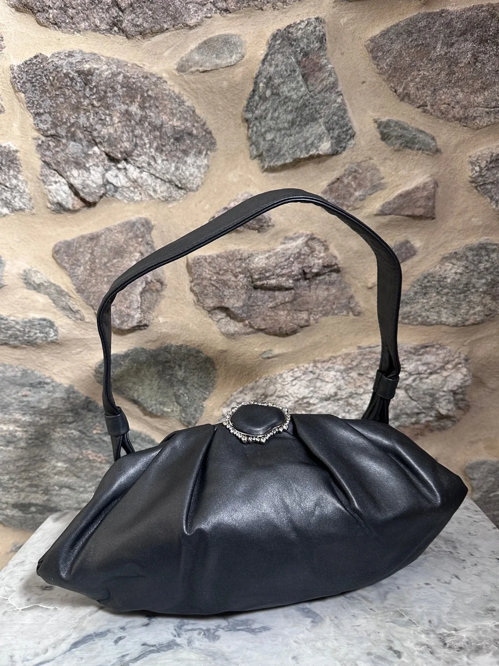 Donald J Pliner Black Pleated Leather Shoulder Bag - Rhinestone Jeweled Clasp - Picture 2 of 10